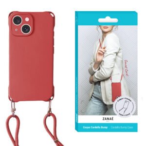 Coque de téléphone rouge ZANAÉ avec lanière détachable assortie et emballage élégant.