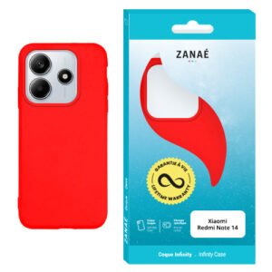 Coque silicone rouge ZANAÉ pour Xiaomi Redmi Note 14 avec emballage turquoise et garantie à vie.