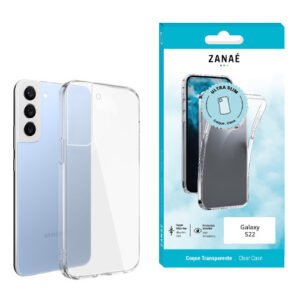 Coque transparente ZANAÉ souple et fine pour Samsung Galaxy S22 argenté avec emballage bleu.