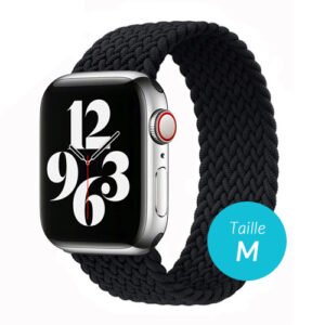Montre connectée argent moderne avec écran noir et bracelet tressé noir taille M.