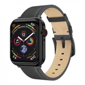 Montre connectée haut de gamme avec écran coloré et bracelet en cuir noir et beige.