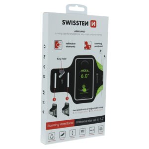 Emballage du brassard de course SWISSTEN noir et vert pour smartphone jusqu’à 6 pouces.