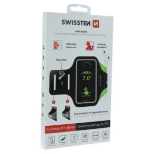 Emballage du brassard de sport Swissten pour smartphone, design moderne blanc, rouge et noir.
