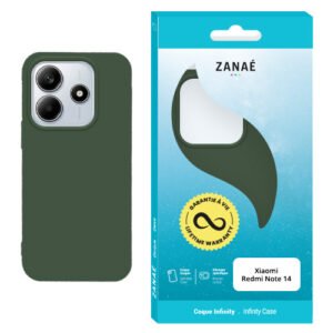 Coque verte élégante Xiaomi Redmi Note 14 avec emballage turquoise ZANAÉ moderne.