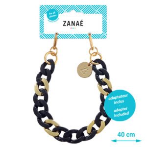Chaîne de téléphone ZANAÉ noir et or 40 cm avec maillons élégants et finition dorée.