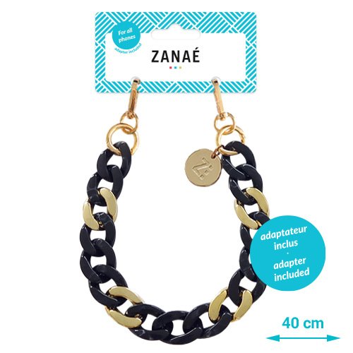 Chaîne de téléphone ZANAÉ noir et or 40 cm avec maillons élégants et finition dorée.