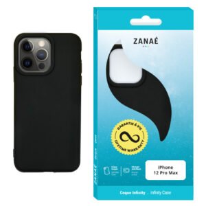 Coque noire ZANAÉ iPhone 12 Pro Max avec emballage élégant turquoise et blanc.