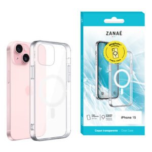 Coque transparente MagSafe Zanaé pour iPhone 15 rose avec emballage turquoise élégant.