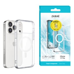 Coque transparente MagSafe ZANAË iPhone 17 Pro avec protection élégante et emballage turquoise.