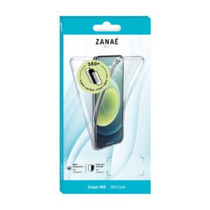Emballage turquoise de coque transparente ZANAÉ offrant protection 360° pour smartphone moderne.