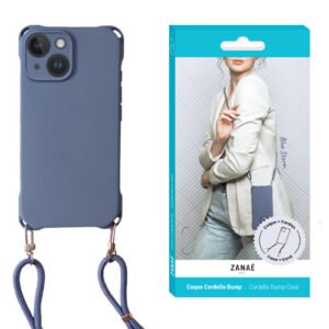 Coque iPhone ZANAÉ Cordelia Bump bleue avec sangle détachable, élégante et pratique.