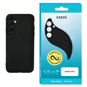 Coque ZANAÉ noire Galaxy A16, design mat élégant avec emballage bleu clair moderne.