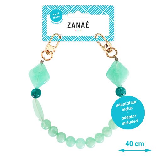 Sangle décorative ZANAÉ vert menthe 40 cm avec perles et clips dorés élégants.