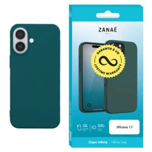 Coque ZANAÉ Infinity bleu sarcelle pour iPhone 17 avec design élégant et garantie à vie.