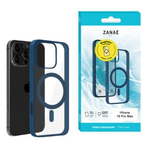 Coque transparente MagSafe ZANAÉ bleu pour iPhone 16 Pro Max avec emballage élégant.