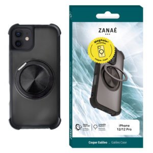 Coque ZANAÉ Galileo noire MagSafe pour iPhone 12 Pro avec anneau rotatif élégant.