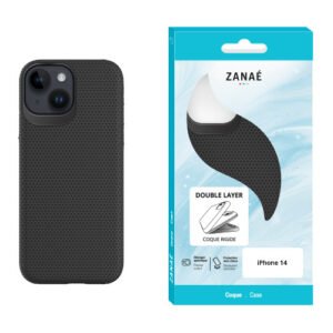 Coque ZANAÉ noire double protection pour iPhone 14 avec texture antidérapante et design élégant.