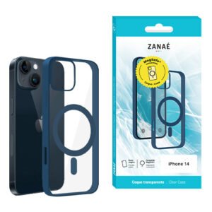 Coque ZANAÉ iPhone 14 transparente avec bord bleu et compatibilité MagSafe.