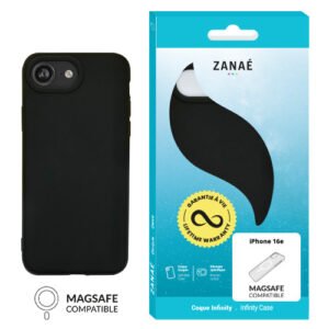 Coque ZANAÉ noire pour iPhone 16e, compatible MagSafe avec design élégant et protection durable.