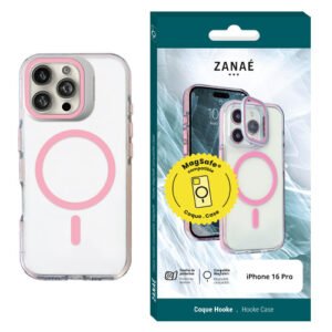 Coque ZANAÉ transparente rose MagSafe pour iPhone 16 Pro avec emballage bleu élégant