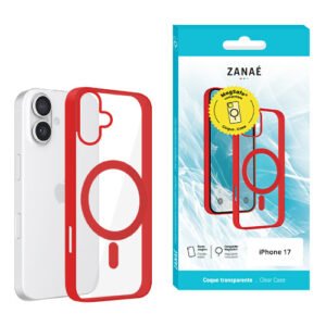 Coque iPhone 17 ZANAÉ transparente avec bord rouge et compatibilité MagSafe