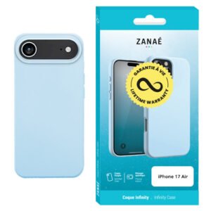 Coque ZANAÉ bleu clair pour iPhone 17 Air avec emballage turquoise et garantie à vie.