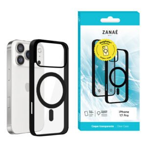 Coque transparente MagSafe ZANAÉ pour iPhone 17 Pro avec contour noir élégant.