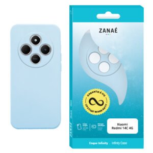 Coque ZANAÉ bleu pastel pour Xiaomi Redmi 14C 4G avec emballage élégant et moderne.