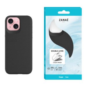 Coque ZANAÉ noire texturée pour smartphone avec emballage moderne turquoise et blanc.