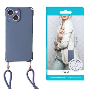 Coque ZANAÉ bleu mat avec lanière ajustable et emballage moderne blanc turquoise.
