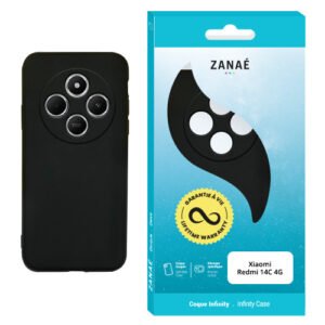 Coque ZANAÉ noire mate pour Xiaomi Redmi 14C 4G avec emballage turquoise moderne.
