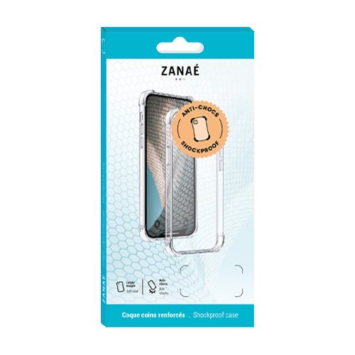 Emballage turquoise ZANAÉ pour coque smartphone antichoc transparente avec fenêtre et badge “Shockproof”.