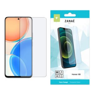 Verre trempé 9H ZANAË transparent pour Honor X8 avec emballage turquoise et blanc.