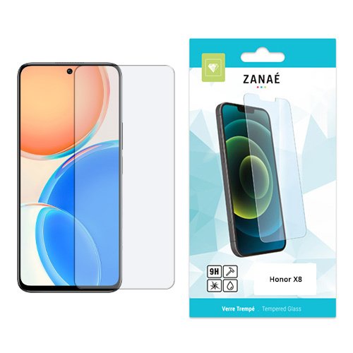 Verre trempé 9H ZANAË transparent pour Honor X8 avec emballage turquoise et blanc.