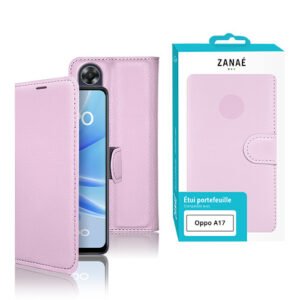 Étui portefeuille rose clair en simili cuir pour Oppo A17 avec fermeture magnétique élégante.