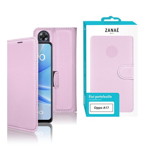 Étui portefeuille rose clair en simili cuir pour Oppo A17 avec fermeture magnétique élégante.