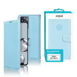 Étui portefeuille bleu clair ZANAÉ pour Oppo A57/A57s avec design élégant et fermeture magnétique.