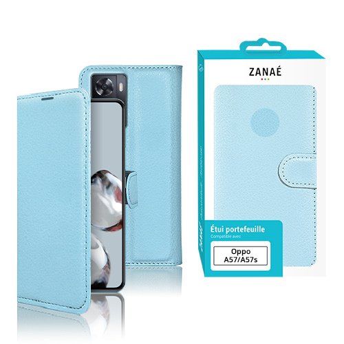 Étui portefeuille bleu clair ZANAÉ pour Oppo A57/A57s avec design élégant et fermeture magnétique.