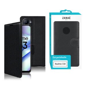 Étui portefeuille noir en cuir texturé ZANAÉ pour Realme C33 avec fermeture magnétique élégante.