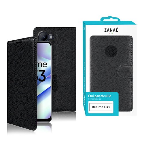 Étui portefeuille noir en cuir texturé ZANAÉ pour Realme C33 avec fermeture magnétique élégante.