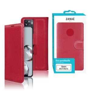 Étui portefeuille rouge magnétique en cuir synthétique pour Oppo A57 et A57S, style élégant.