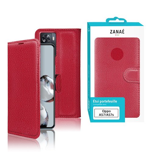 Étui portefeuille rouge magnétique en cuir synthétique pour Oppo A57 et A57S, style élégant.