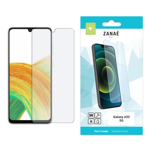 Verre trempé ZANAÉ 9H transparent pour Samsung Galaxy A33 5G avec emballage bleu et blanc.