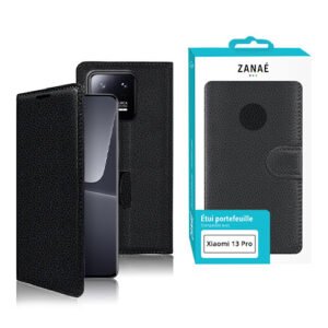 Étui portefeuille noir ZANAÉ pour Xiaomi 13 Pro, élégant avec fermeture magnétique sécurisée.