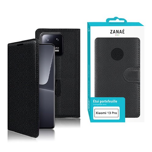 Étui portefeuille noir ZANAÉ pour Xiaomi 13 Pro, élégant avec fermeture magnétique sécurisée.