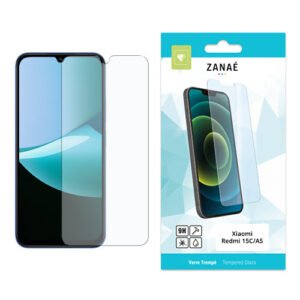 Verre trempé 9H Xiaomi Redmi 15C/A5 avec protection d’écran transparente et emballage turquoise.