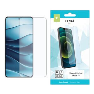 Protection écran en verre trempé ZANAÉ pour Xiaomi Redmi Note 14 avec emballage turquoise.