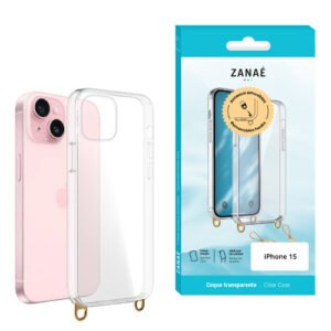 Coque transparente avec anneaux amovibles pour iPhone 15, Transparent