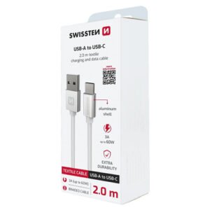 Cable textile, USB-A > USB-C, 2m, Swissten, Silver