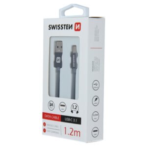 Cable textile, USB-A > USB-C, 1.2m, Swissten, Gris